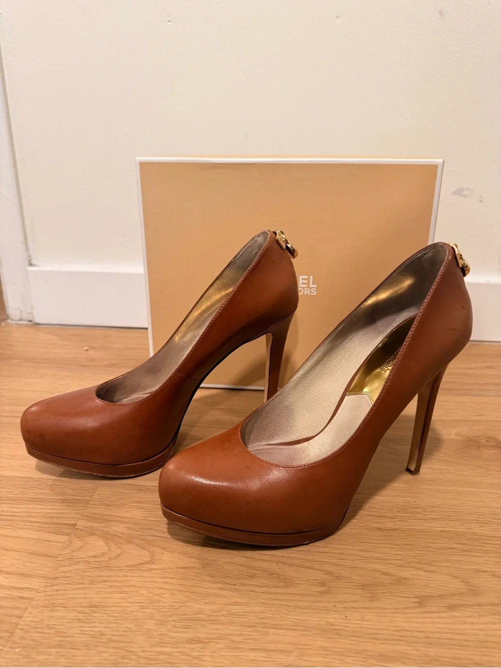 Michael Kors Cognac Leather High Heel Pumps with Gold Accent